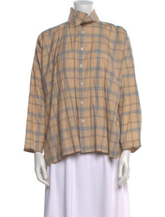 Eskandar Plaid Print Mock Neck Button-Up Top