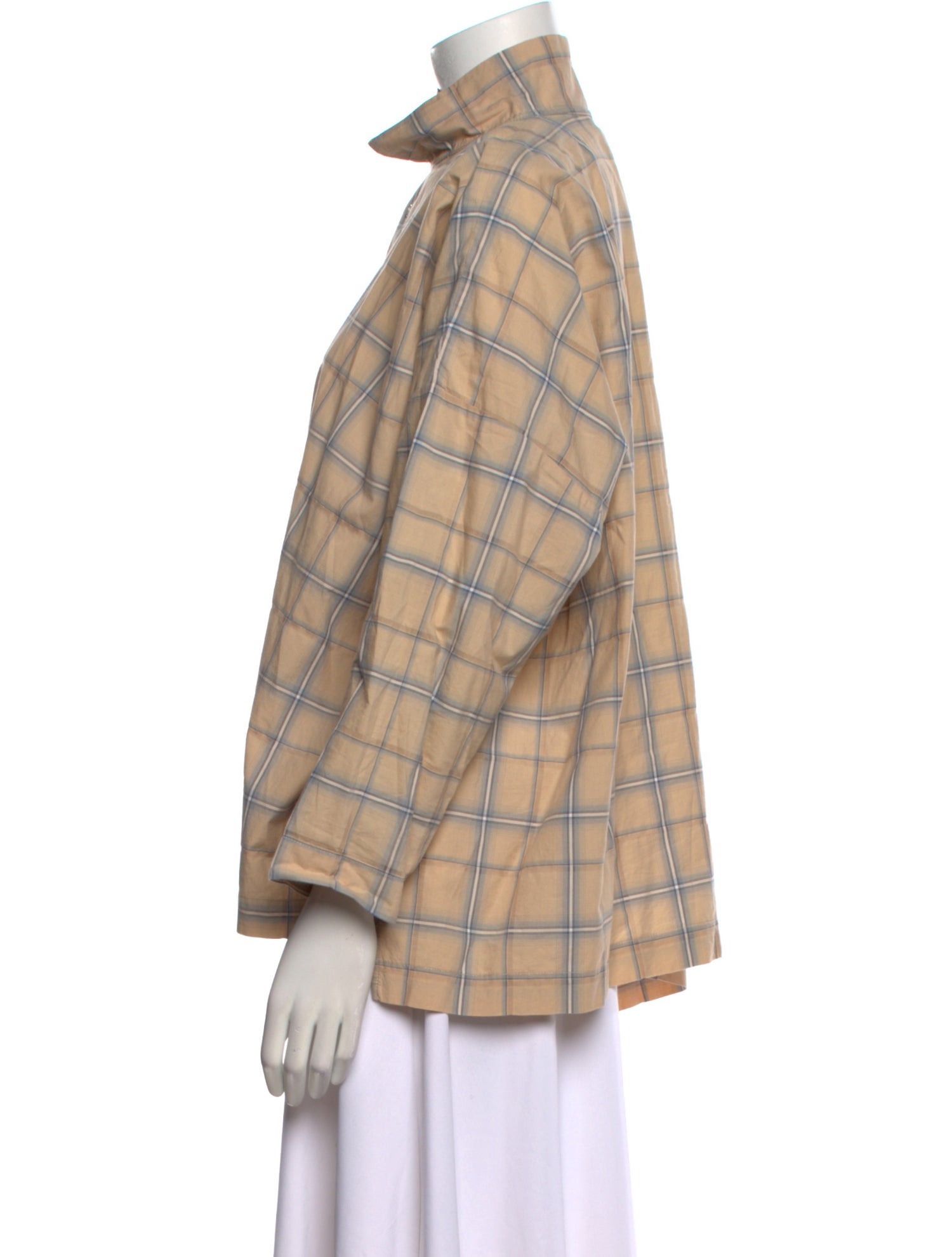 Eskandar Plaid Print Mock Neck Button-Up Top
