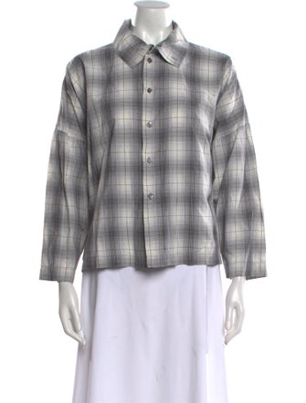 Eskandar Plaid Print Three-Quarter Sleeve Button-Up Top