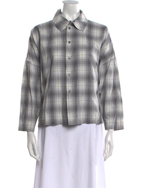 Eskandar Plaid Print Three-Quarter Sleeve Button-Up Top