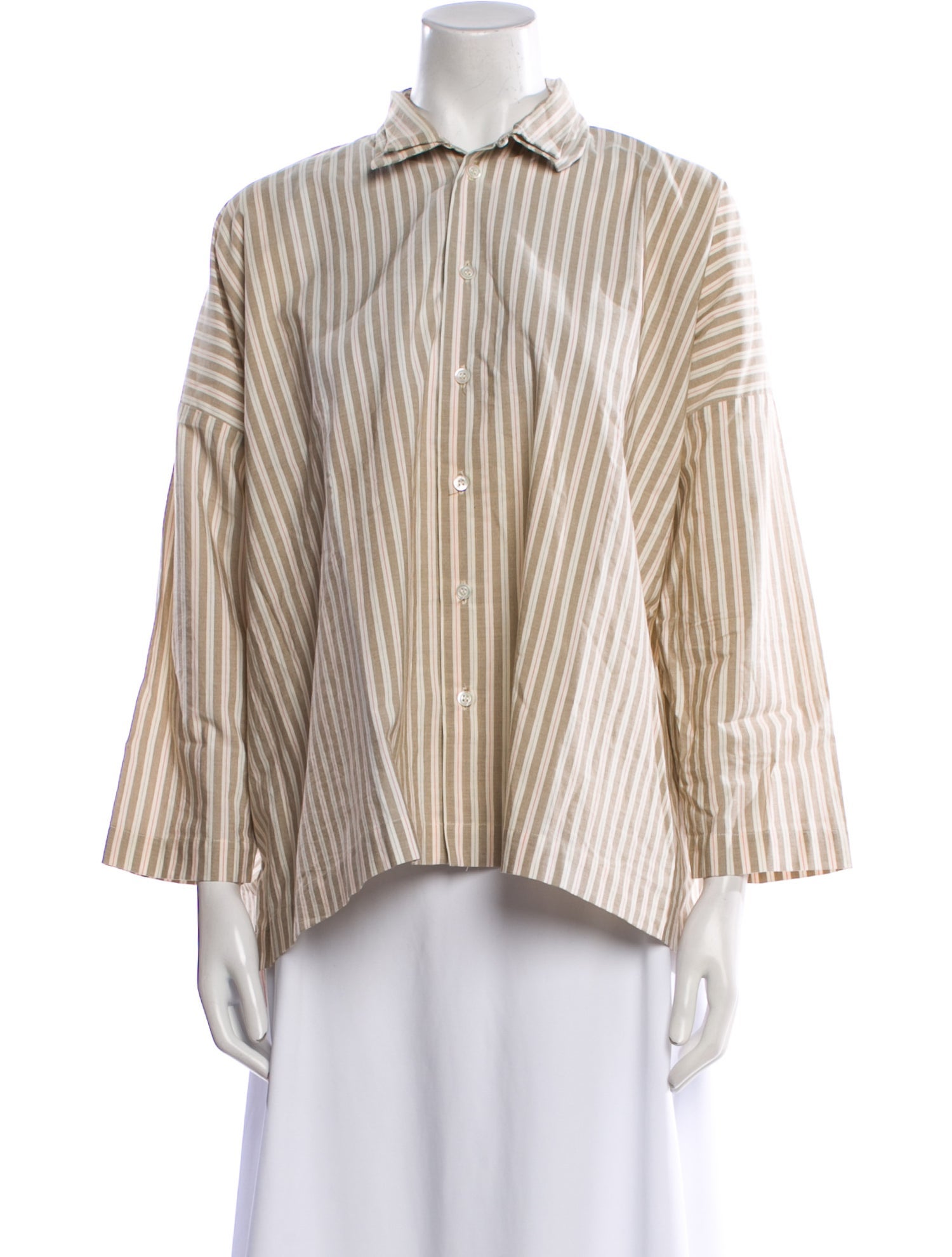 Eskandar Striped Three-Quarter Sleeve Button-Up Top