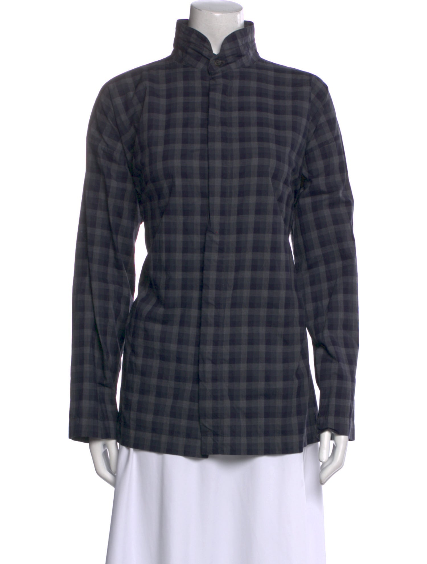 Eskandar Plaid Print Mock Neck Button-Up Top