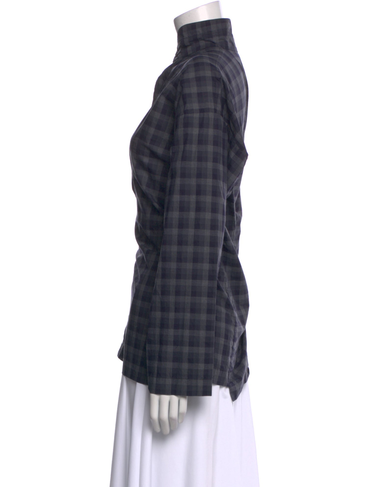 Eskandar Plaid Print Mock Neck Button-Up Top