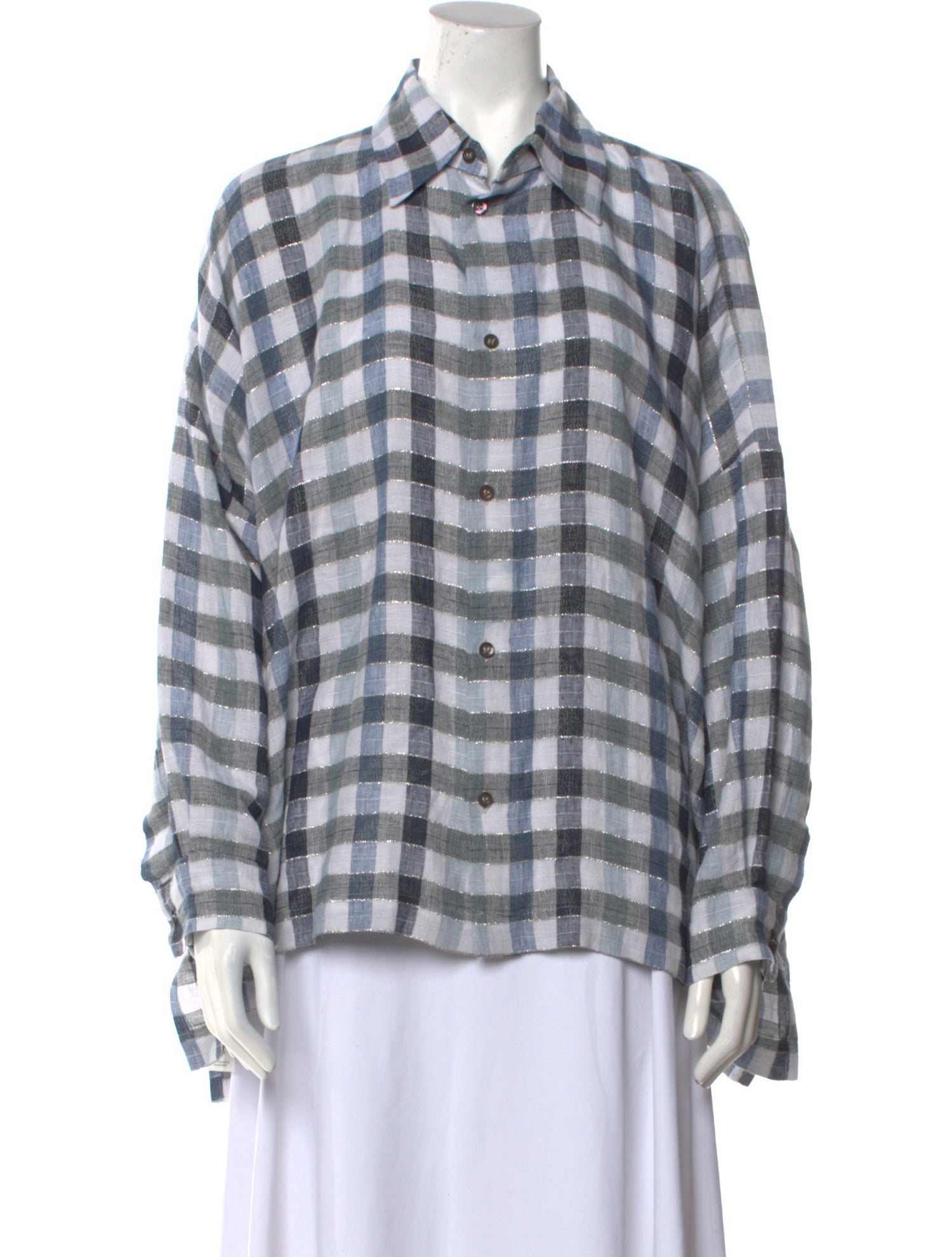 Eskandar Linen Plaid Print Button-Up Top