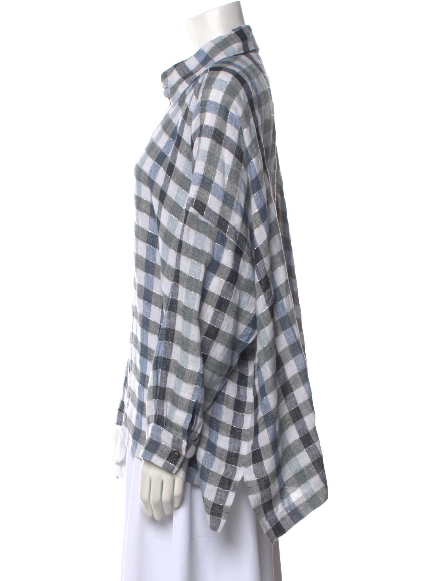 Eskandar Linen Plaid Print Button-Up Top