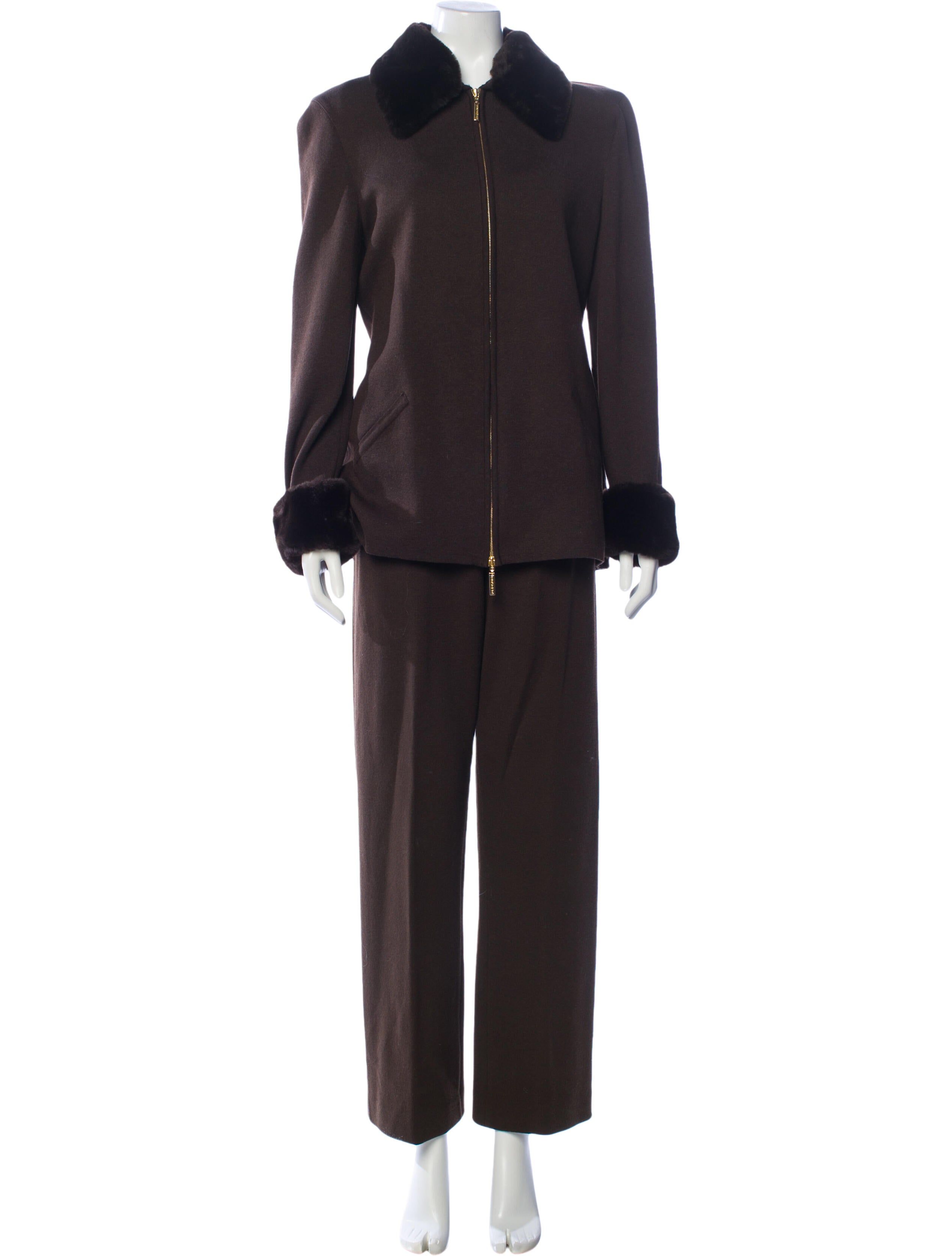 Escada Margaretha Ley Wool Faux Fur Trim Pantsuit