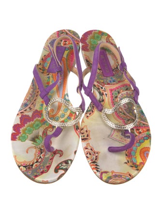 Etro Suede Printed T-Strap Sandals