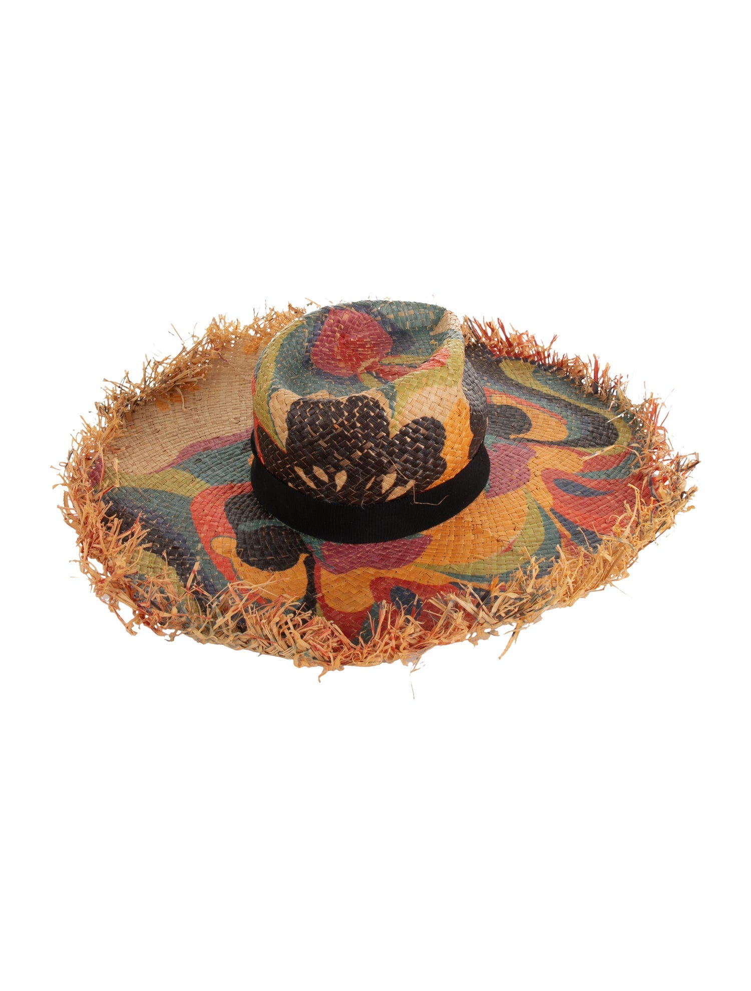Etro Brown print raffia straw Etro hat with black trim. Designer Size 57