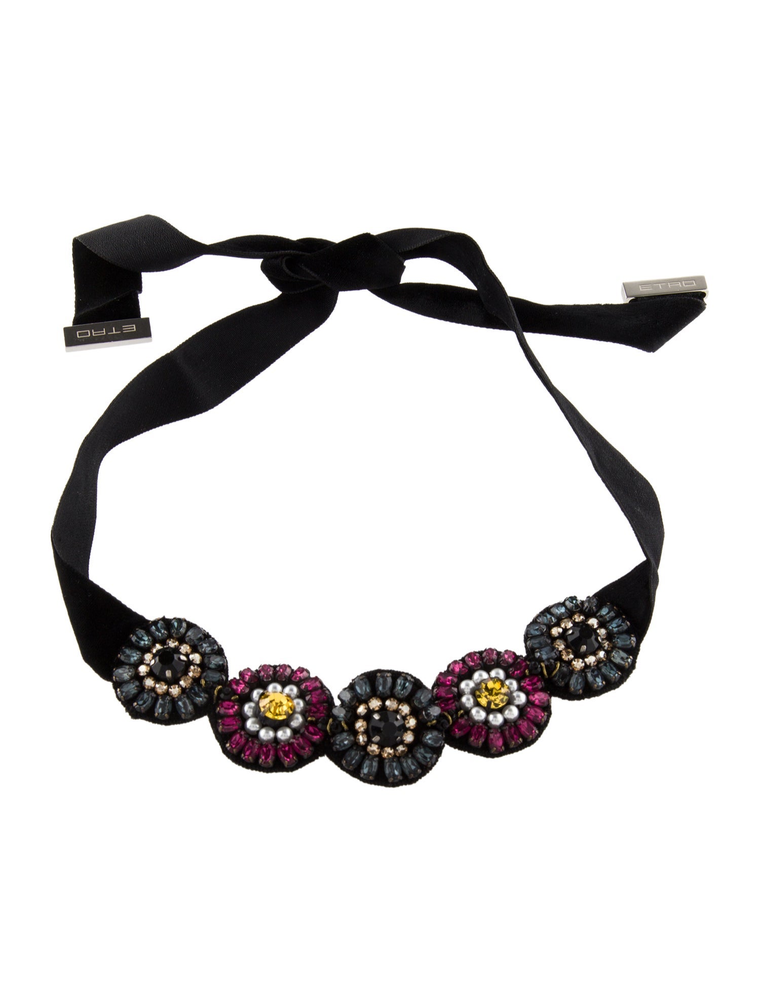 Etro Faux Pearl, Velvet & Crystal Floral Choker Necklace