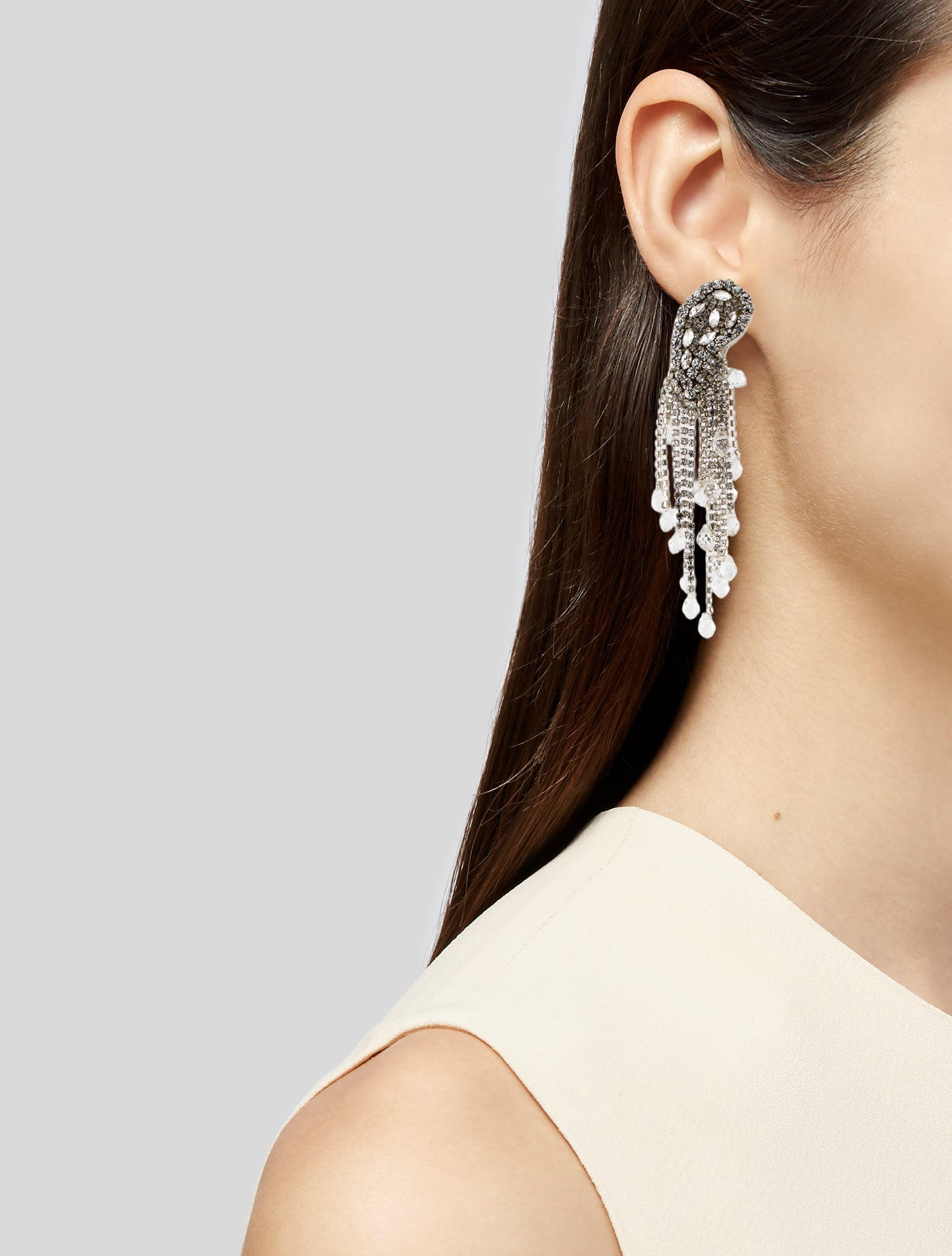 Etro Crystal Embellished Paisley Clip on Drop Tassel Earrings