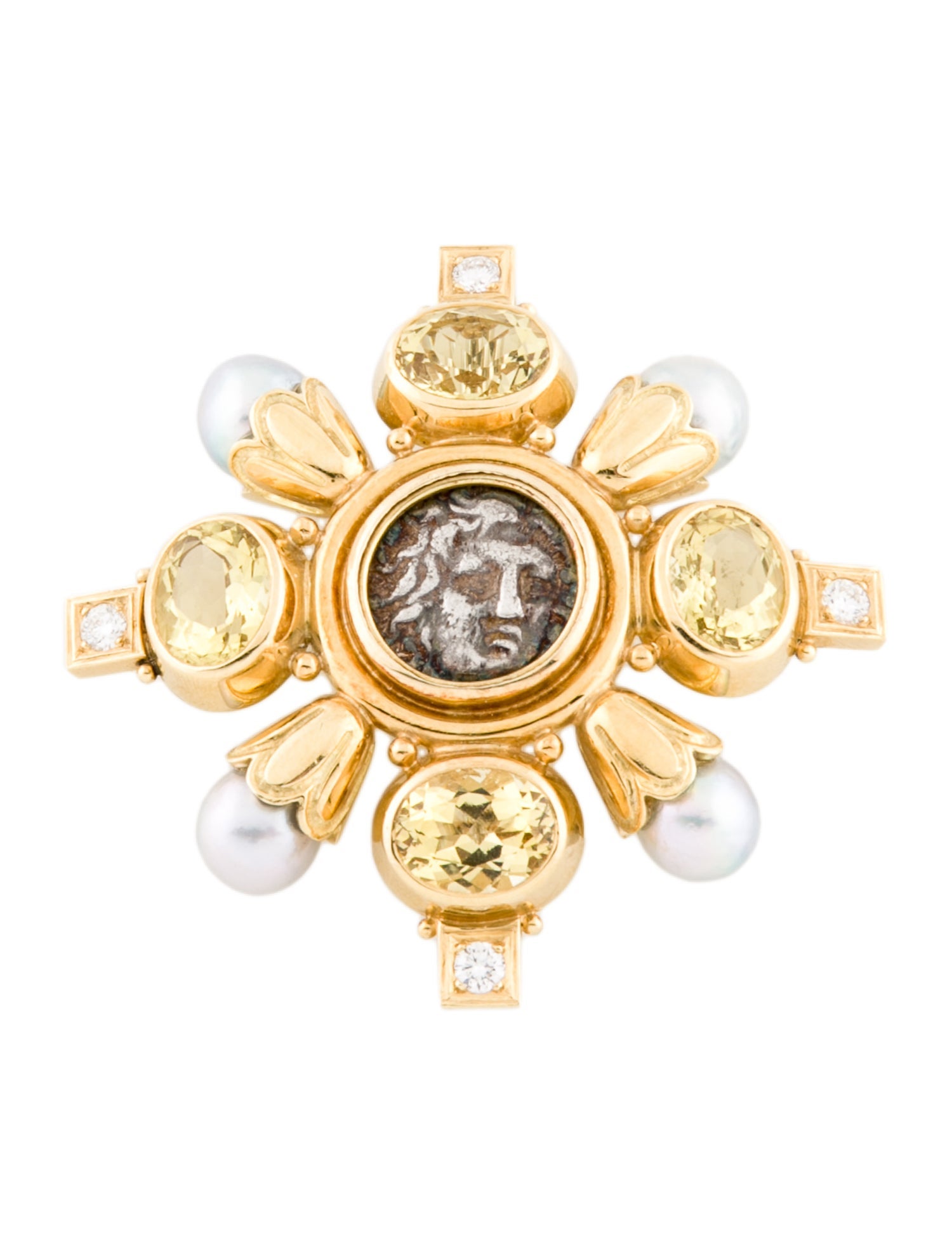 Elizabeth Gage 18K Pearl, Yellow Beryl, Diamond & Coin Brooch