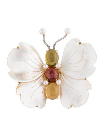 Brooch 18K Pearl, Mother of Pearl, Diamond & Mulitstone Brooch