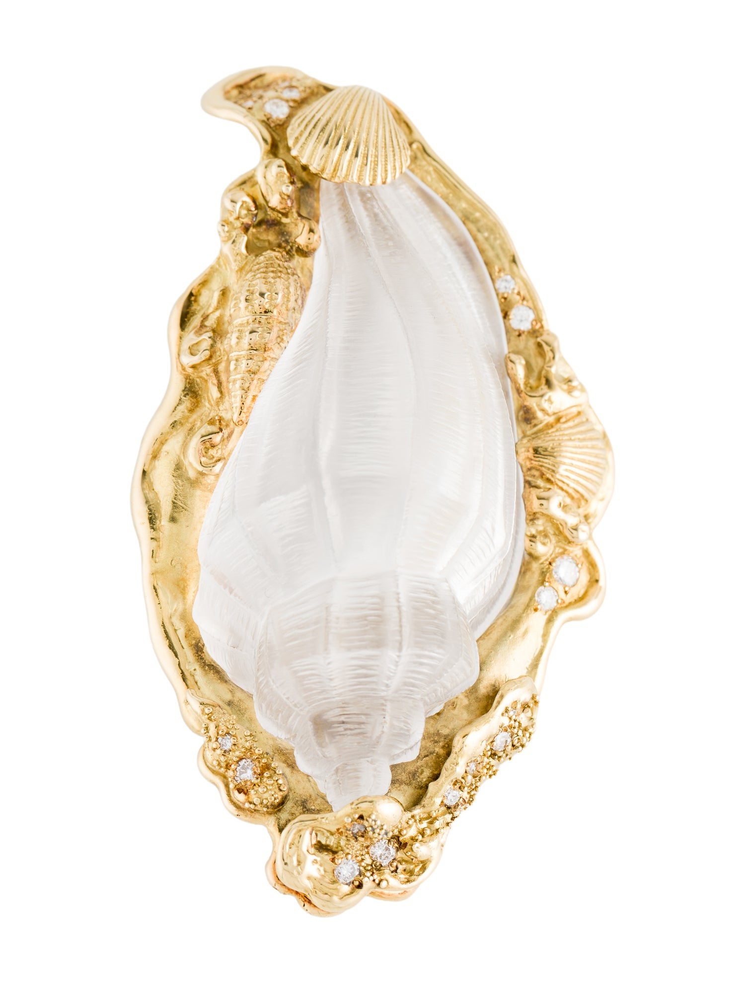 Elizabeth Gage 18K Carved Quartz & Diamond Conch Shell Pin