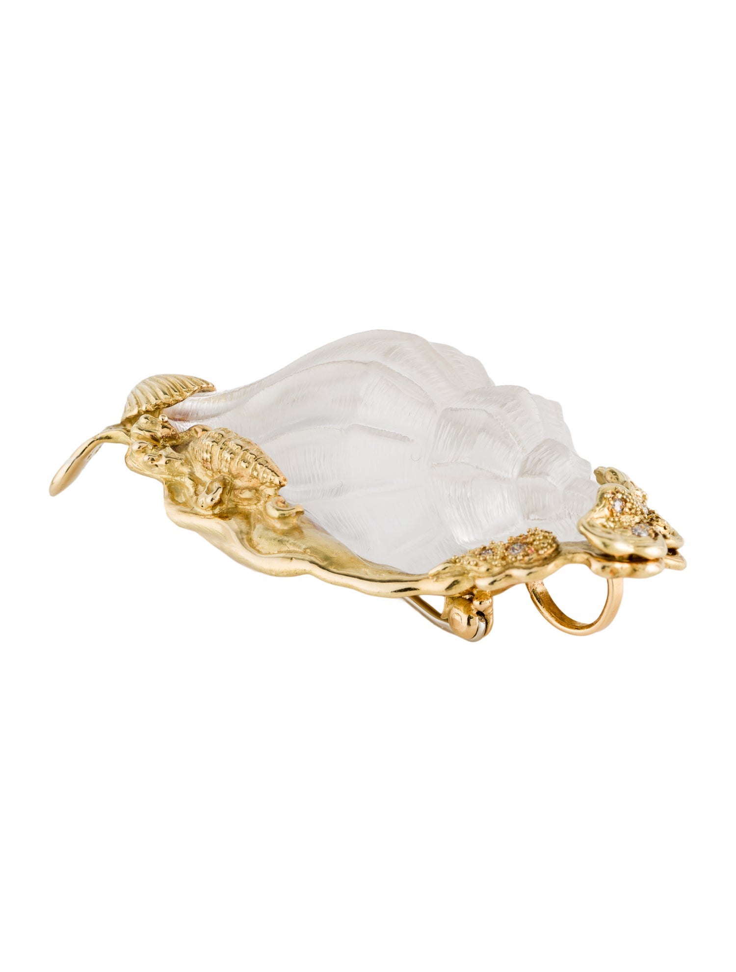 Elizabeth Gage 18K Carved Quartz & Diamond Conch Shell Pin