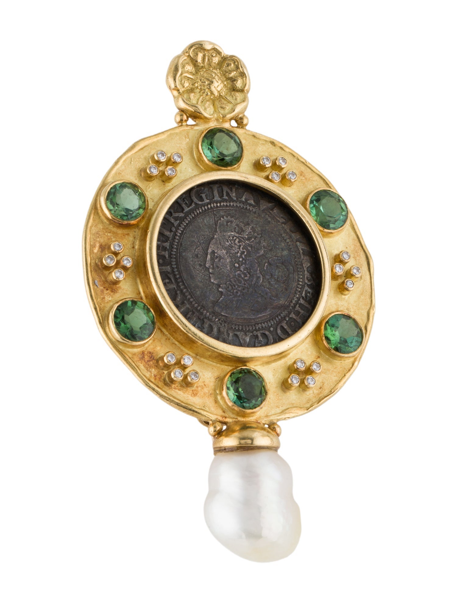 Elizabeth Gage 18K 3.48ctw Tourmaline, Pearl & Diamond Coin Brooch