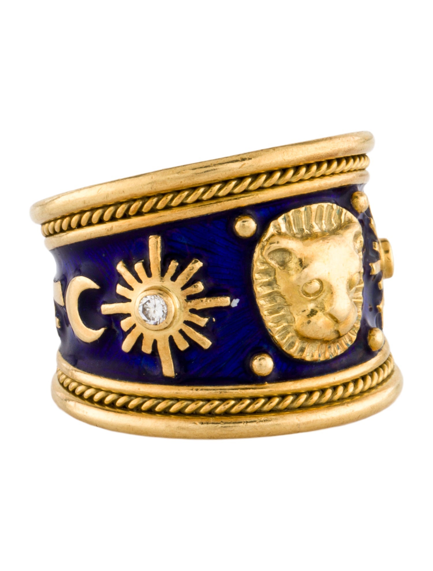 Elizabeth Gage Viintage 18K Enamel & Diamond Zodiac Leo Ring