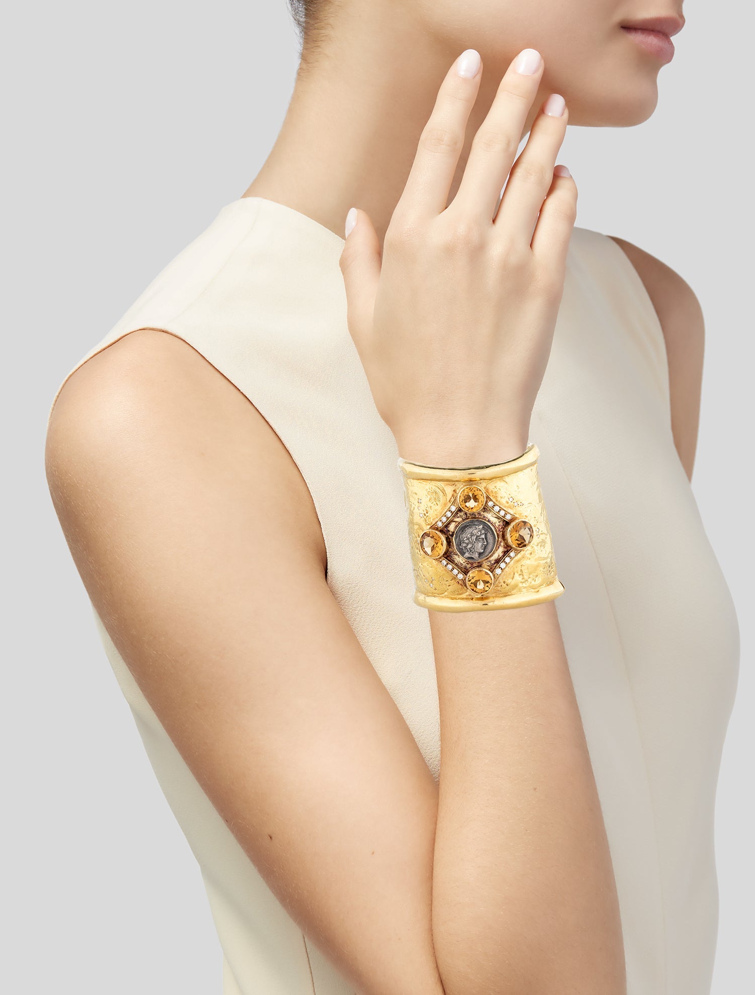 Elizabeth Gage 18K Citrine, Diamond & Coin Cuff Bracelet