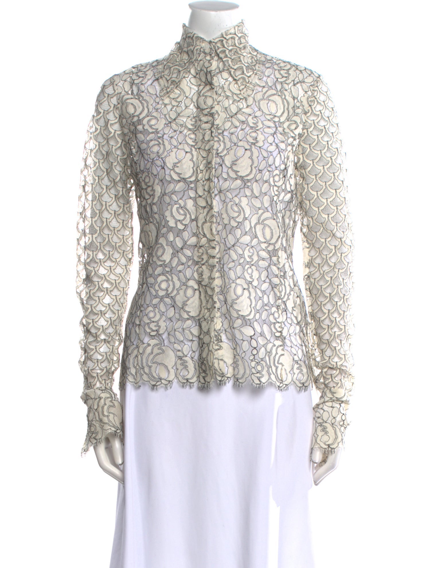 Frederick Anderson Lace Pattern Mock Neck Button-Up Top