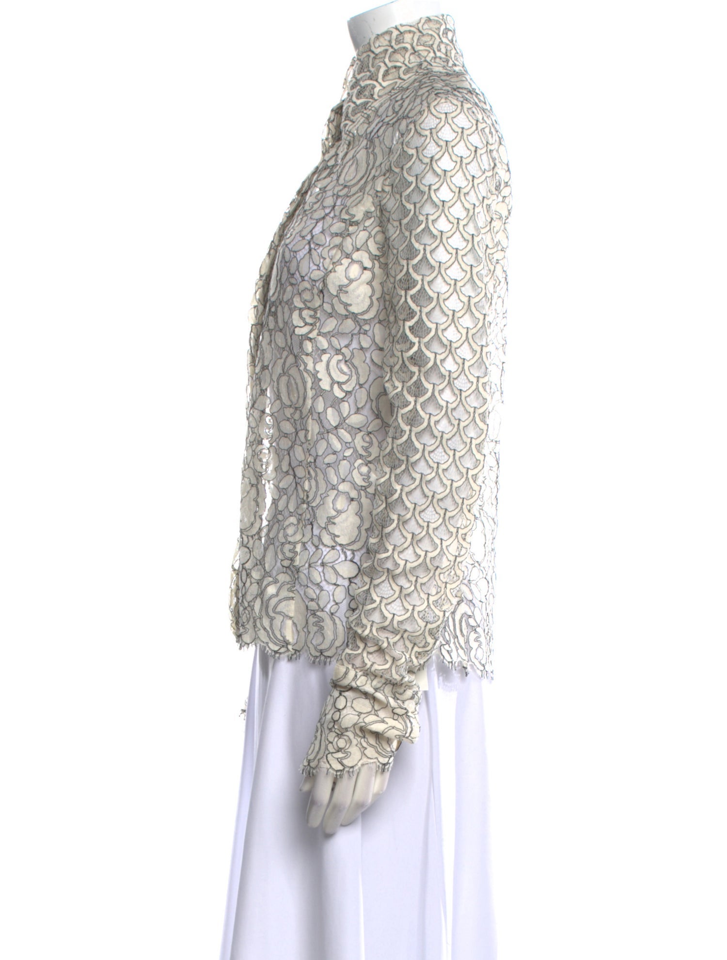 Frederick Anderson Lace Pattern Mock Neck Button-Up Top