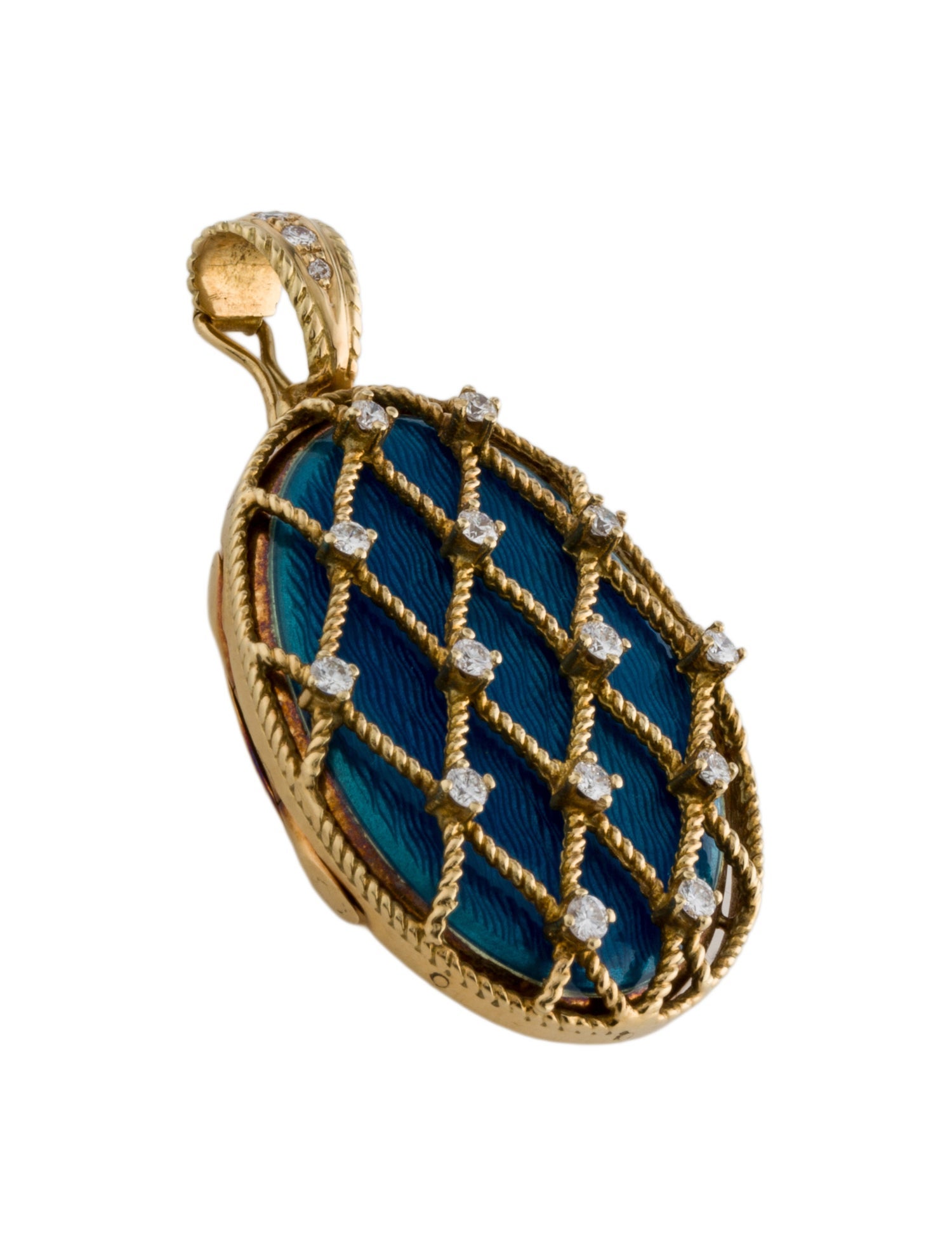 Fabergé 18K Guilloche Enamel & Diamond Treillage Locket Pendant with Hinge Clasp