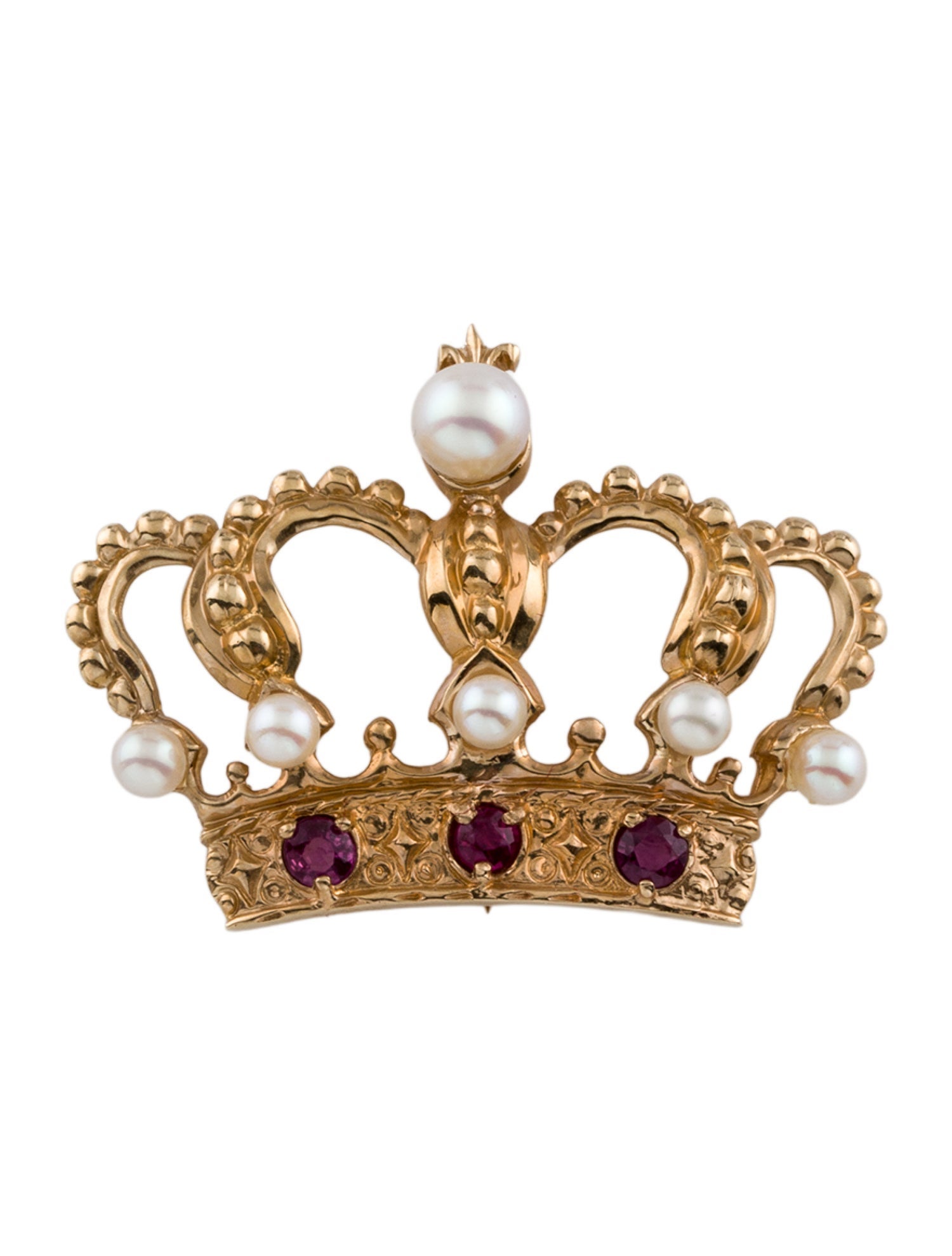 Fabergé Vintage Igor Carl Fabergé 14K Pearl & Ruby Jeweled Crown Brooch