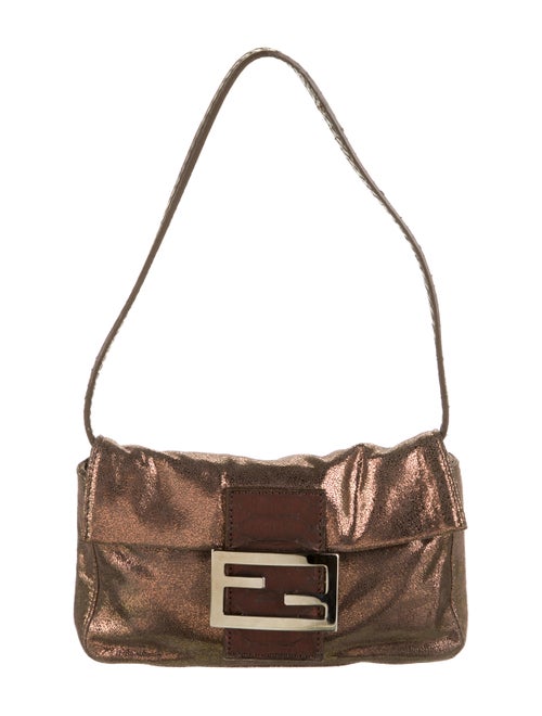 Fendi Snakeskin-Trimmed Micro Baguette Bronze