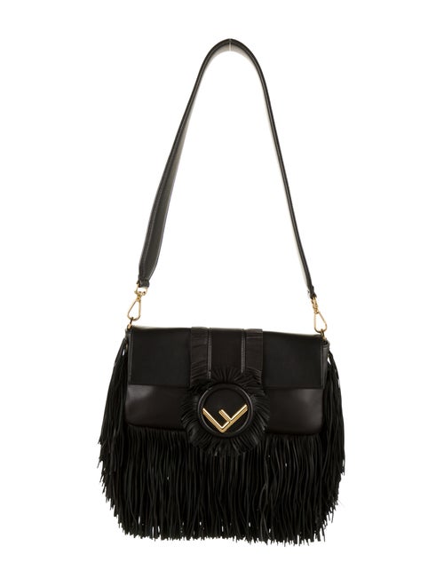 Fendi Logo Seal Nappa Fringe Baguette Black