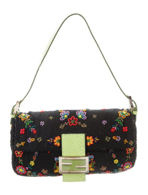 Fendi Snake-Trimmed Beaded Baguette Black