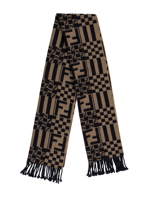 Fendi Checkered Fringe Scarf Tan