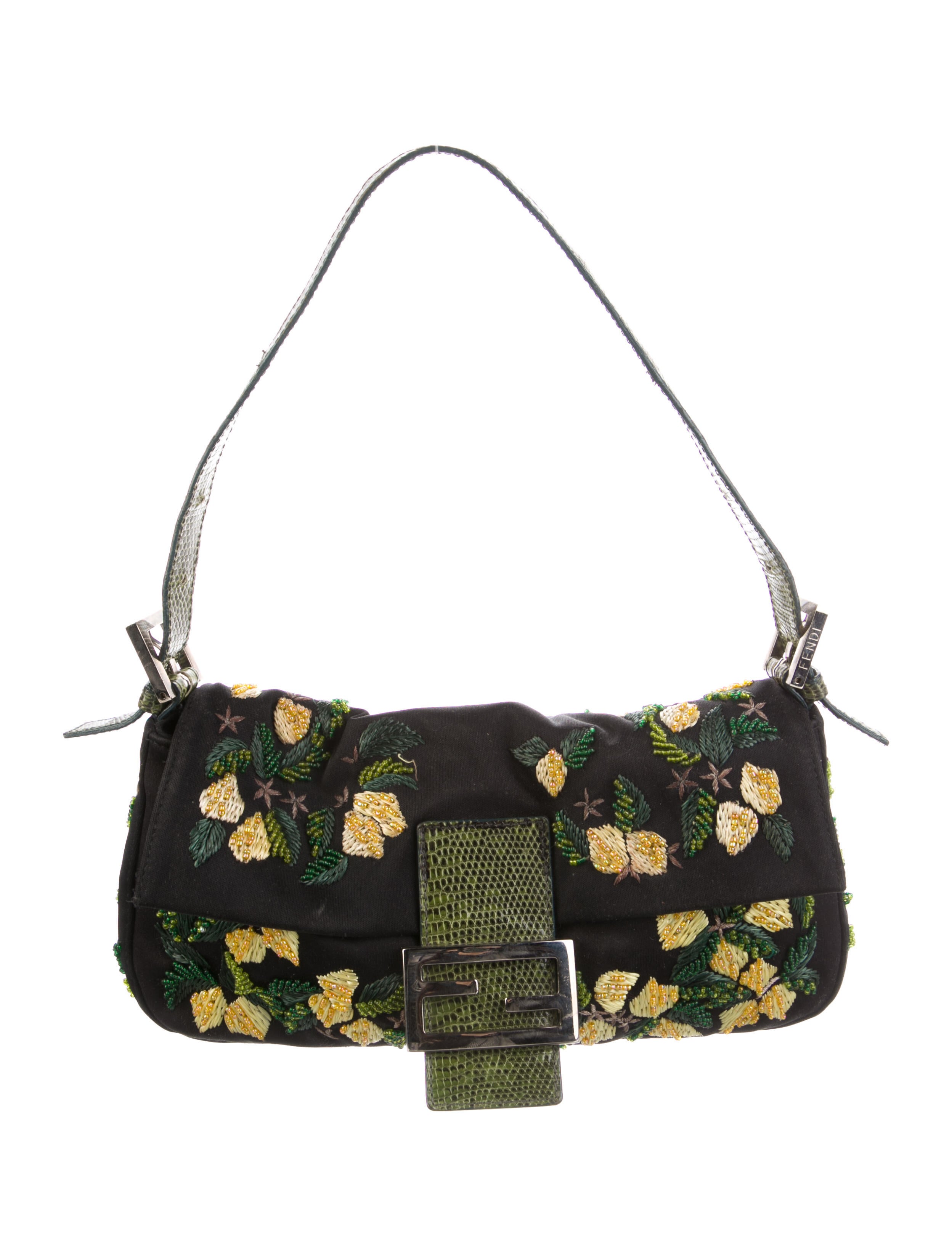 Fendi Vintage Python-Trimmed Beaded Baguette - Black