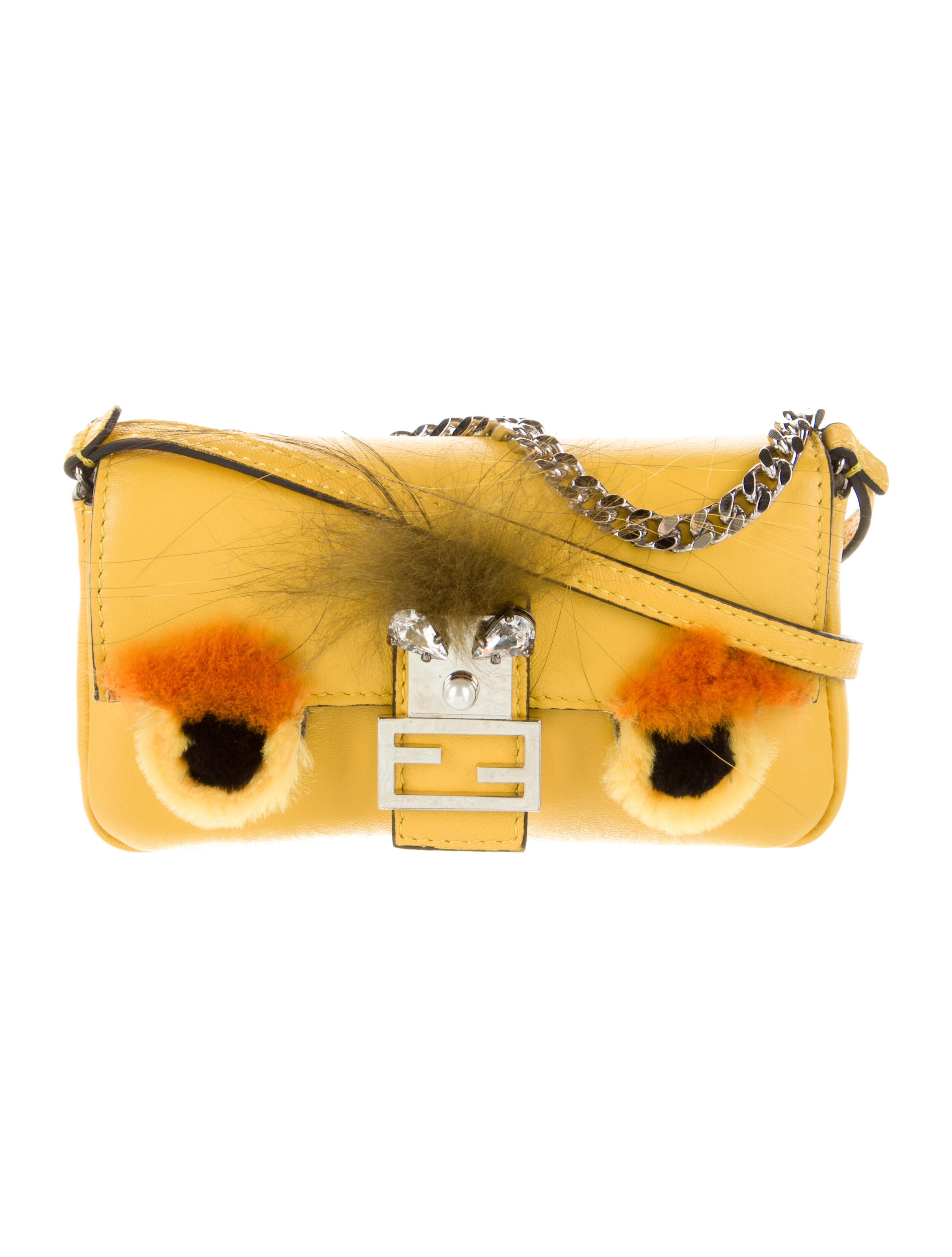 Fendi FurTrimmed Monster Micro Baguette Yellow Mini Bags, Handbags