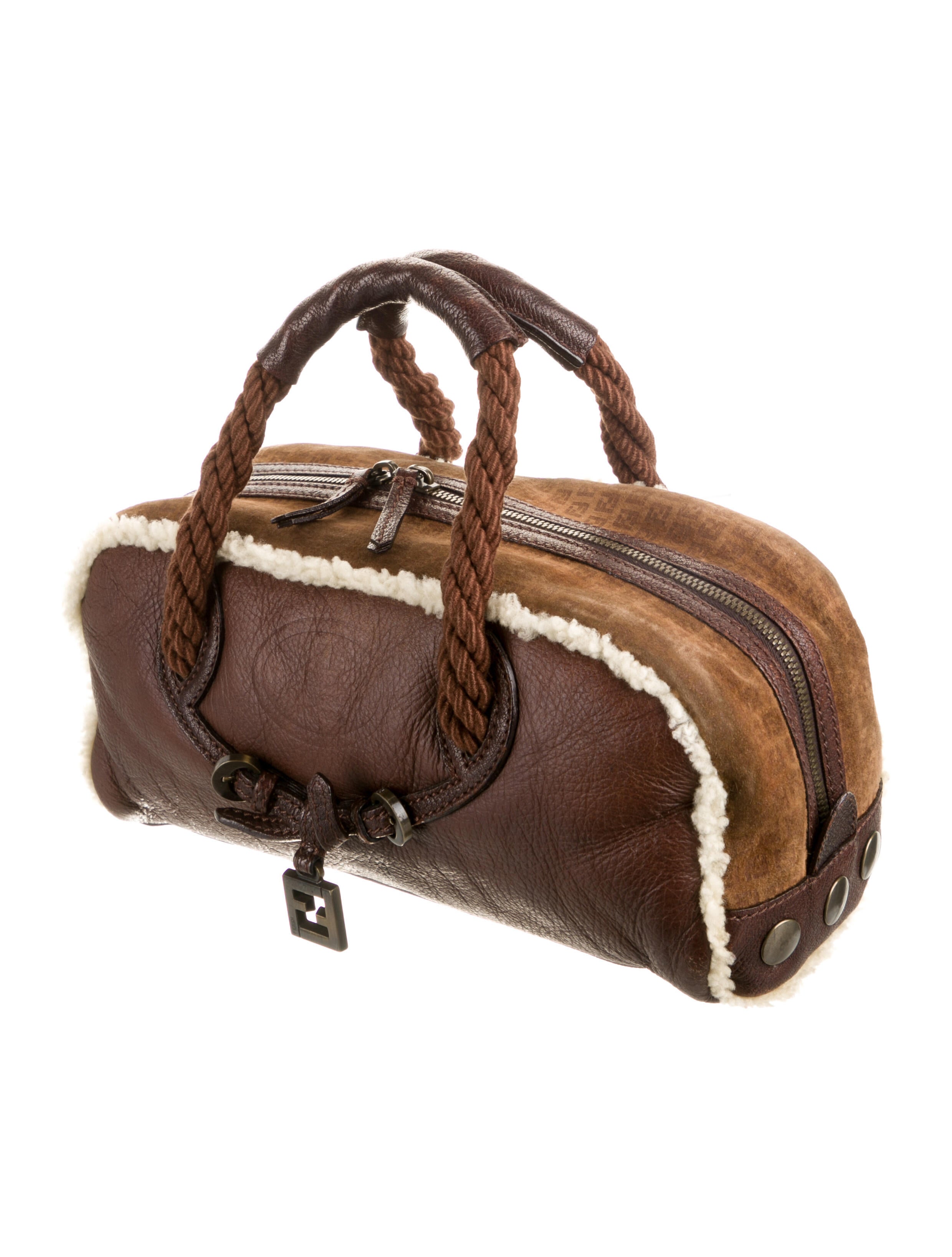 Fendi ShearlingTrimmed Handle Bag Brown Handle Bags, Handbags