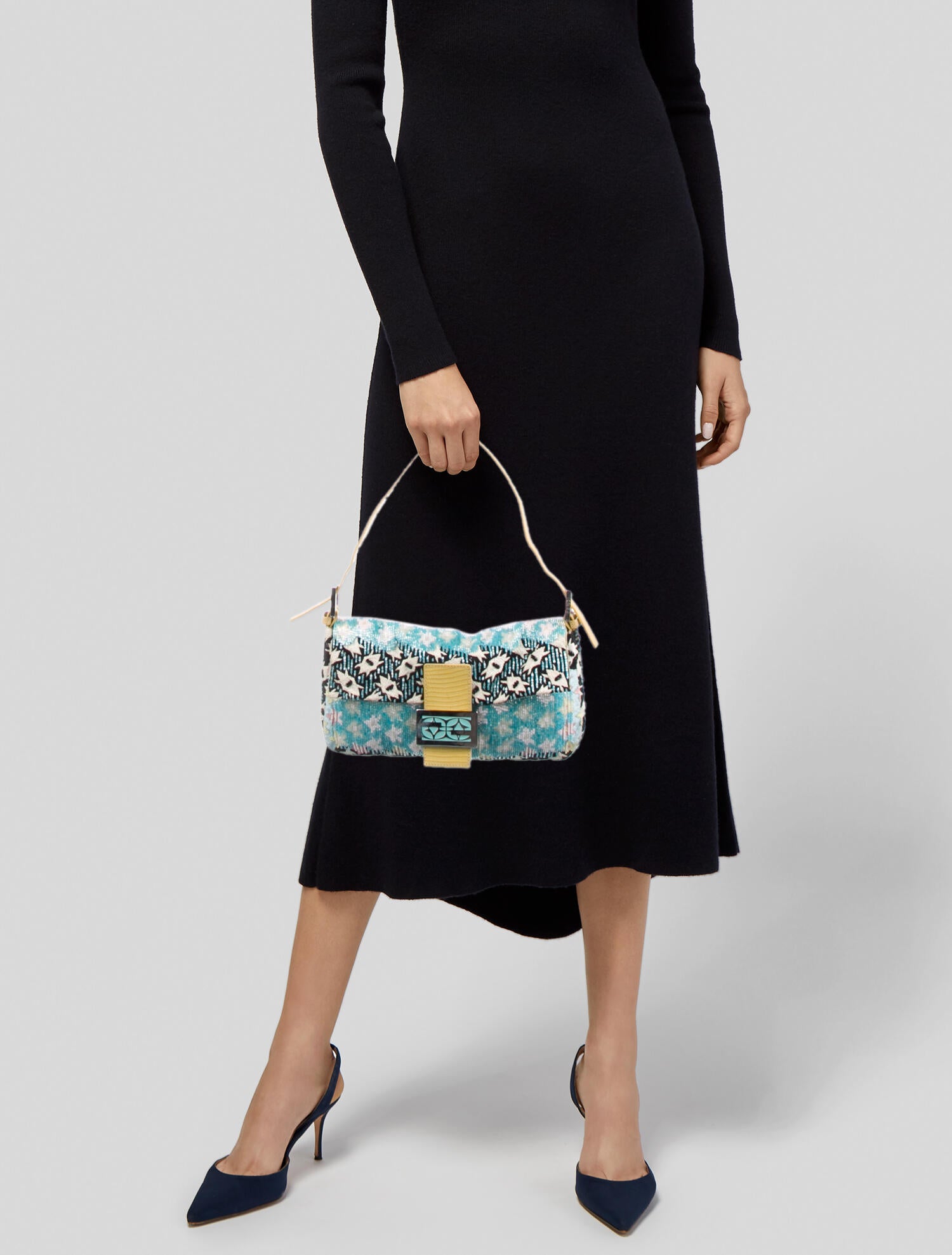 Fendi Vintage Lizard-Trimmed Beaded Baguette - Blue Shoulder Bags