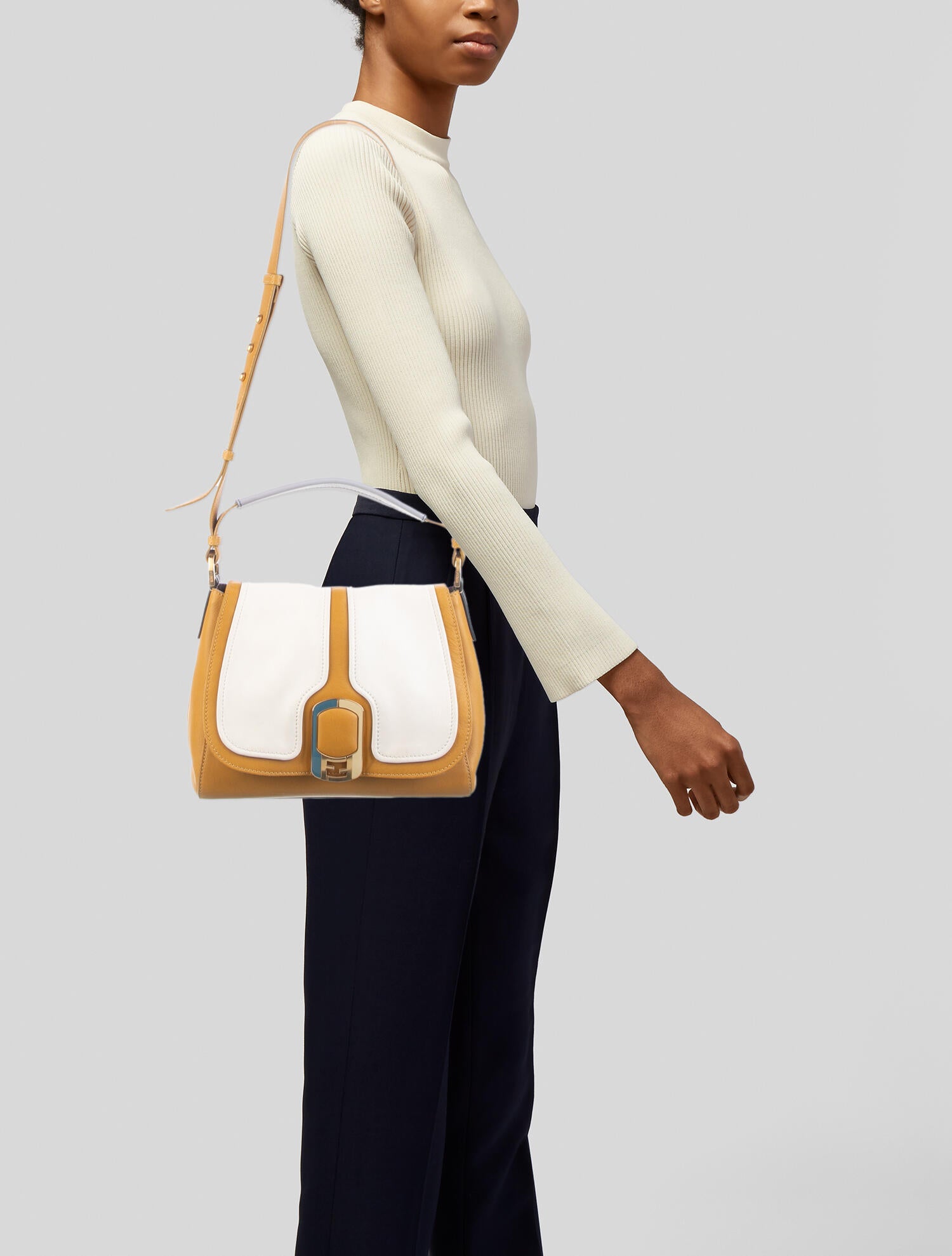 Fendi Bicolor Anna Handle Bag w/ Strap Neutrals Handle Bags, Handbags