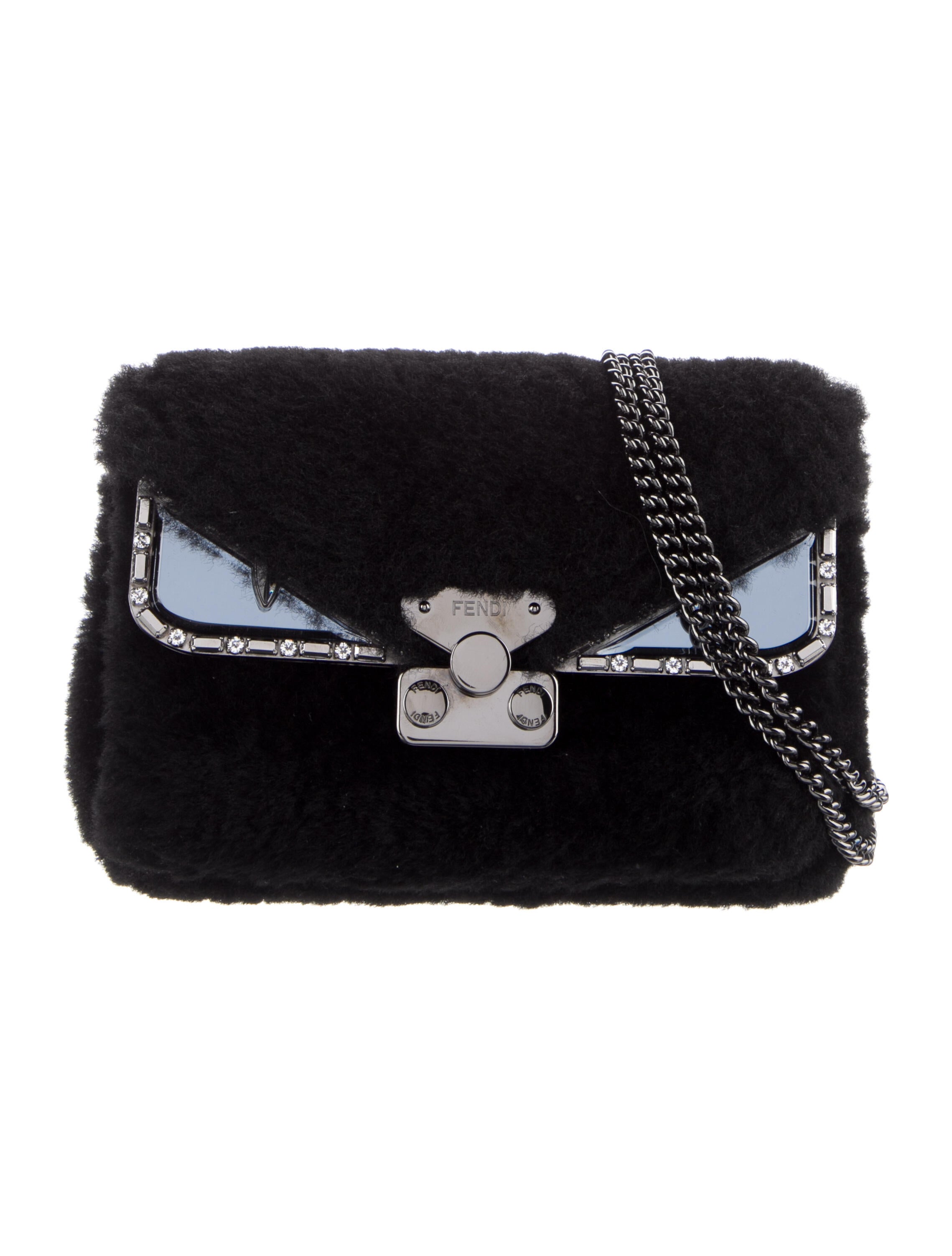 Fendi Mini Shearling Zucca Monster Bug Chain Shoulder Bag Black