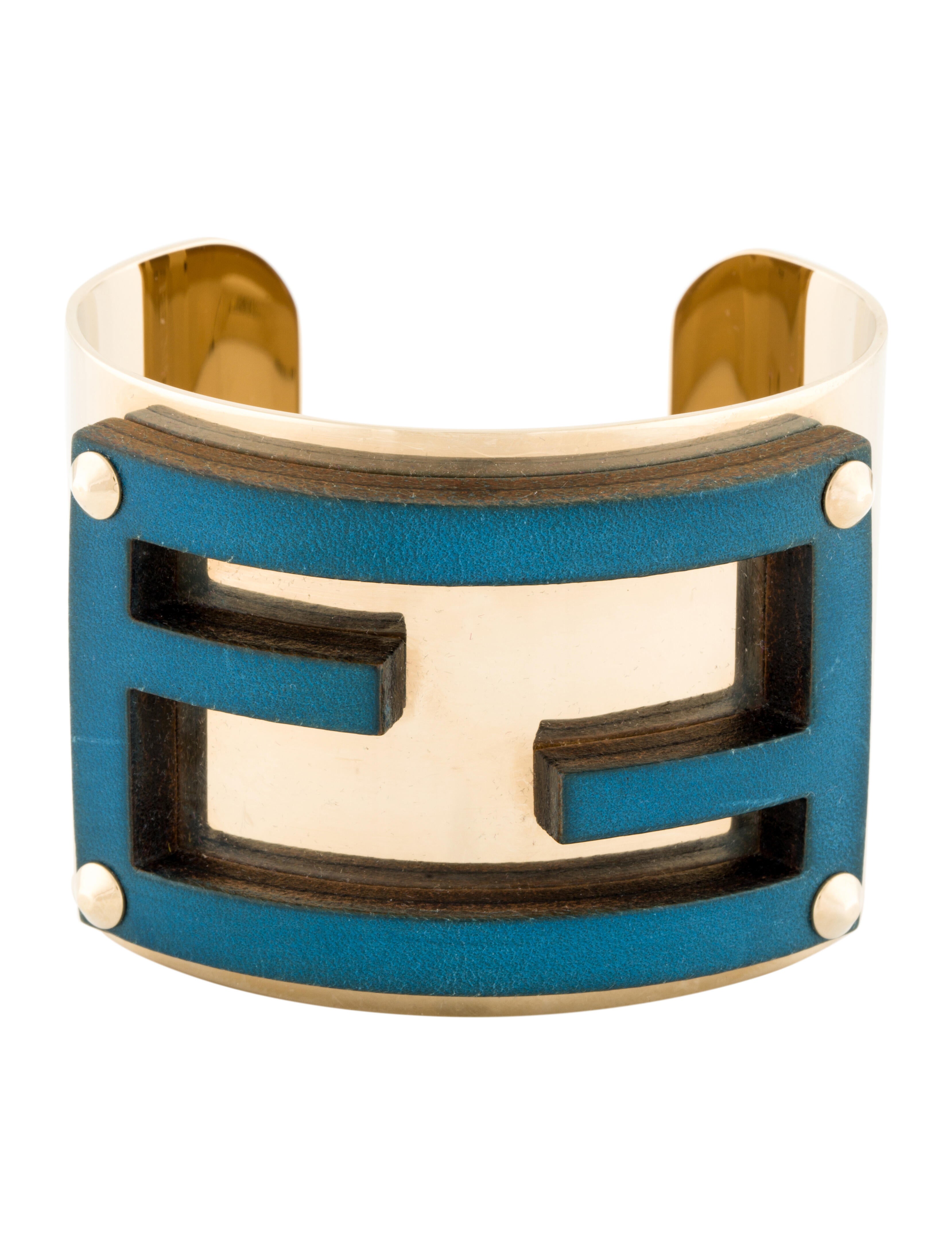 Fendi Leather Zucca Cuff - Blue Cuff, Bracelets - FEN288511 | The