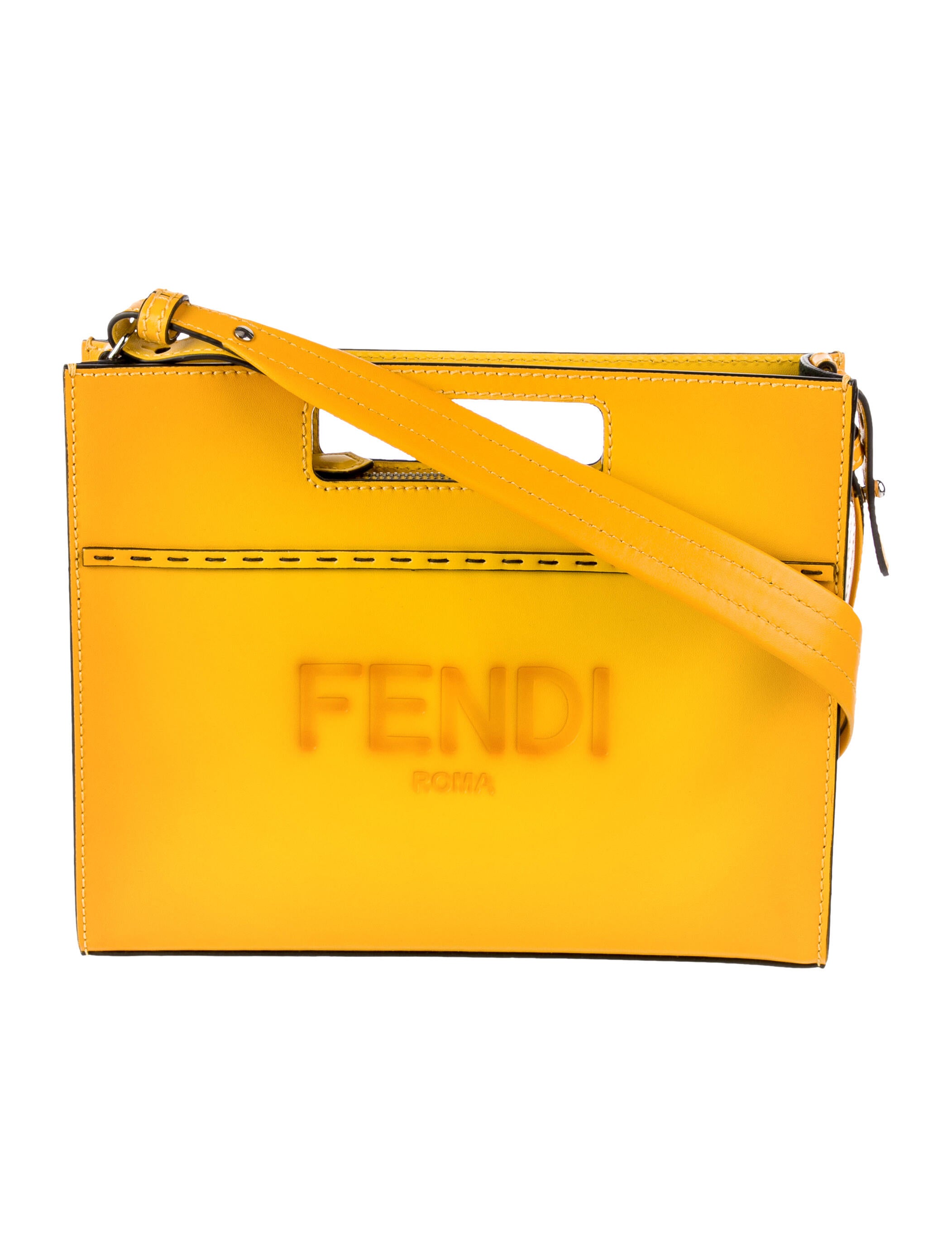 Fendi 2022 Leather Logo Handle Bag Yellow Handle Bags, Handbags