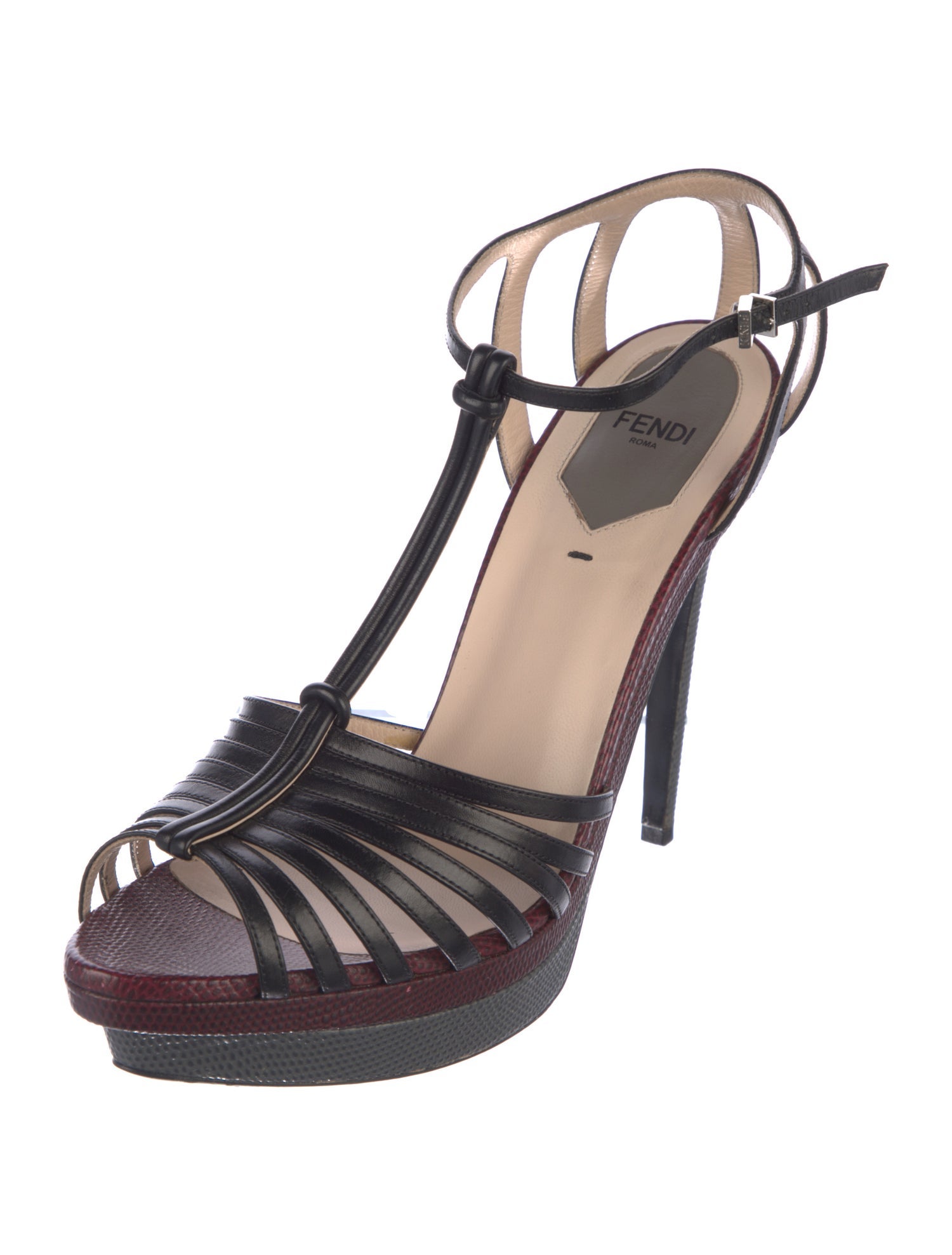 Fendi Zucca FF Logo Leather T-Strap Sandals