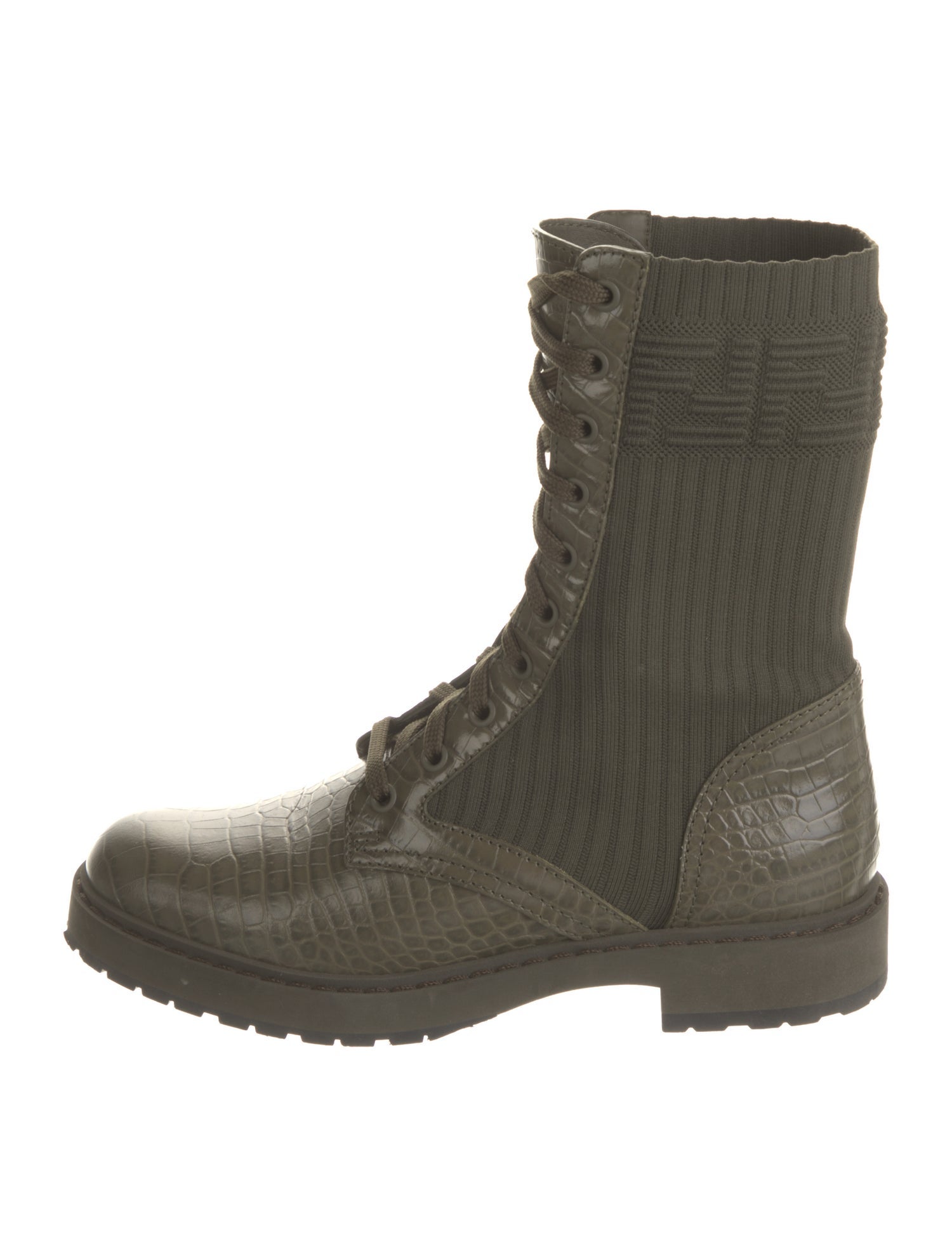 Fendi Zucca FF Logo Embossed Leather Combat Boots