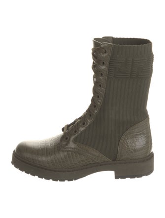 Fendi Zucca FF Logo Embossed Leather Combat Boots