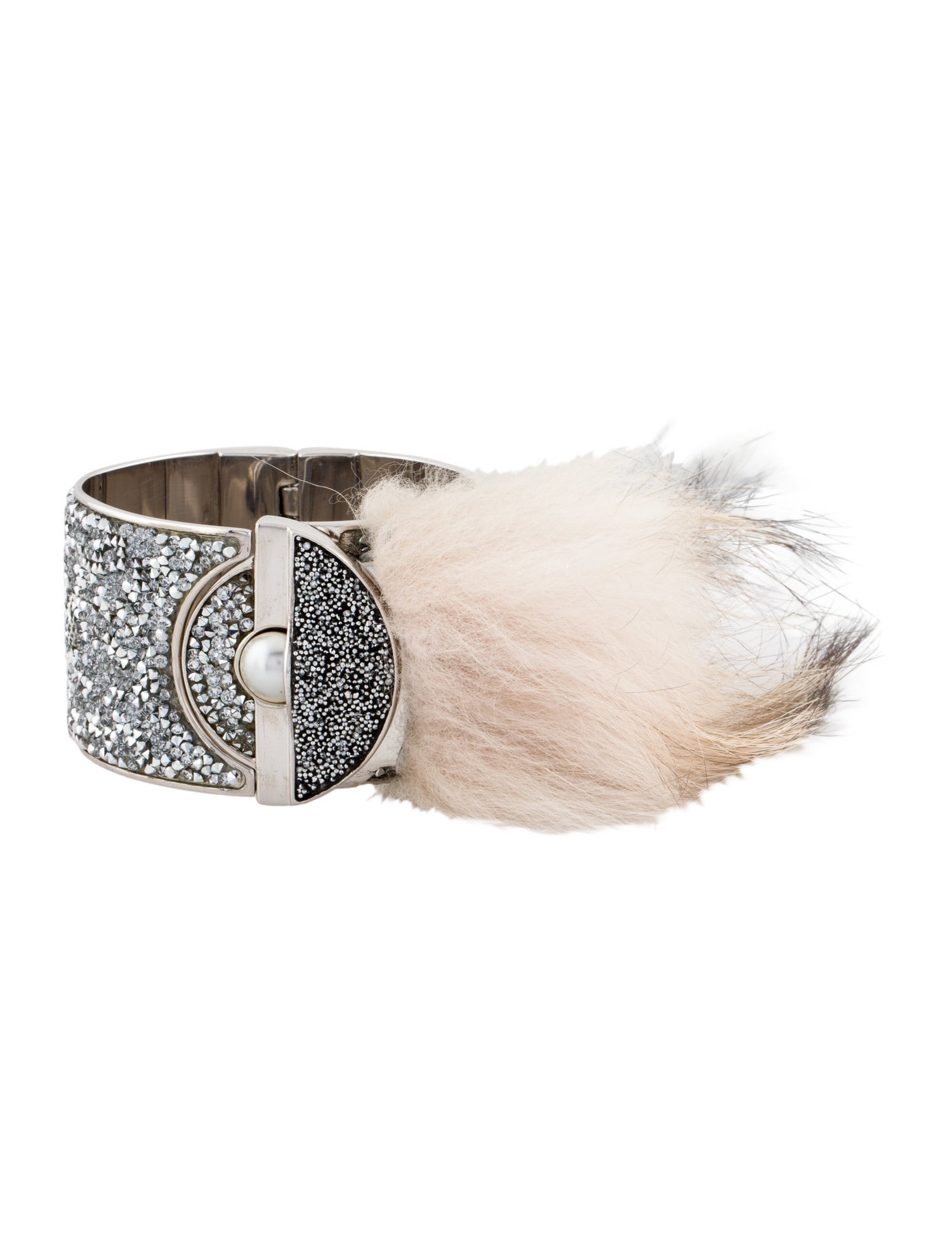 Fendi Faux Pearl, Crystal & Fox Fur Hinged Bangle Bracelet