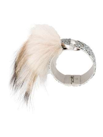 Fendi Faux Pearl, Crystal & Fox Fur Hinged Bangle Bracelet