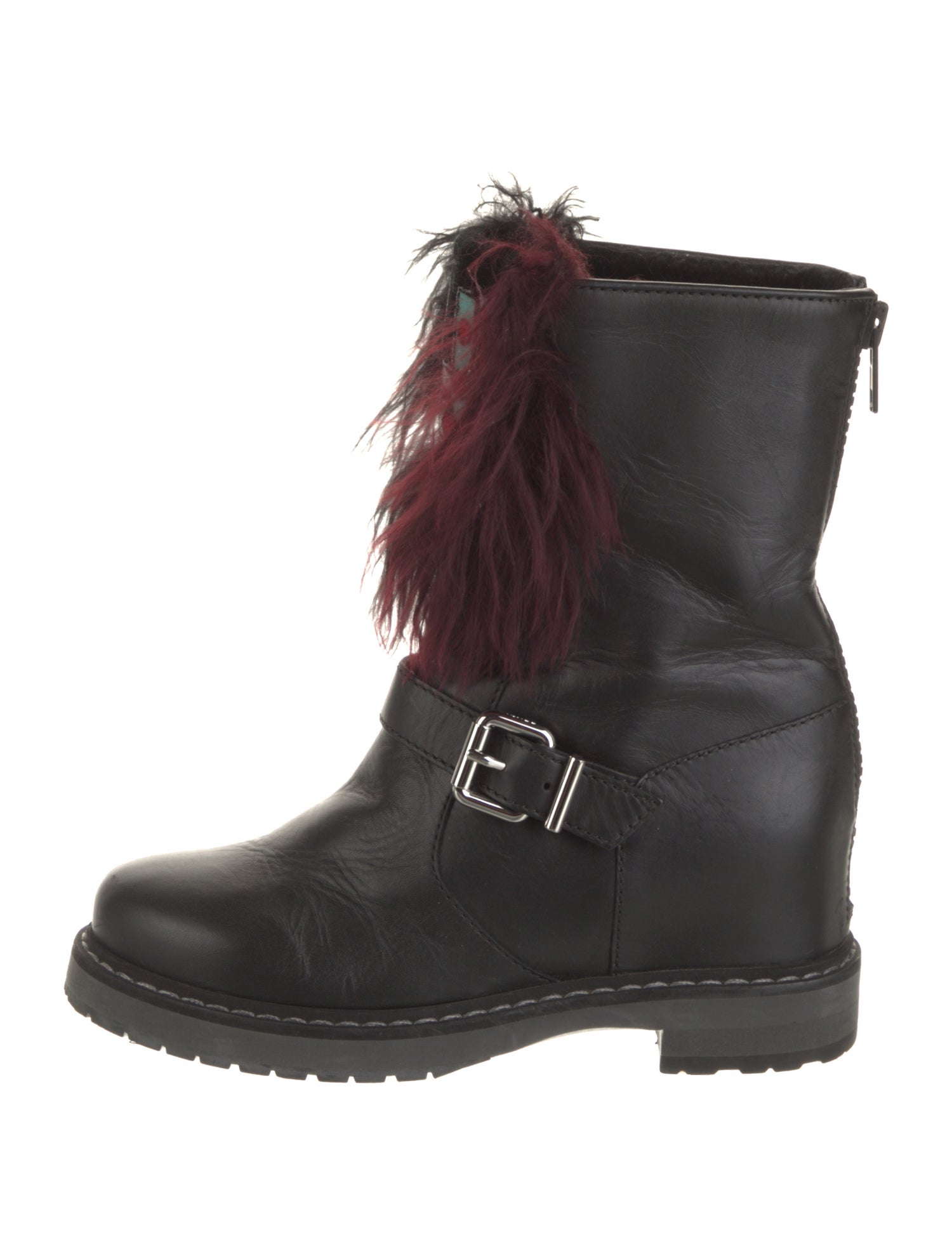 Fendi Leather Fur Trim Combat Boots