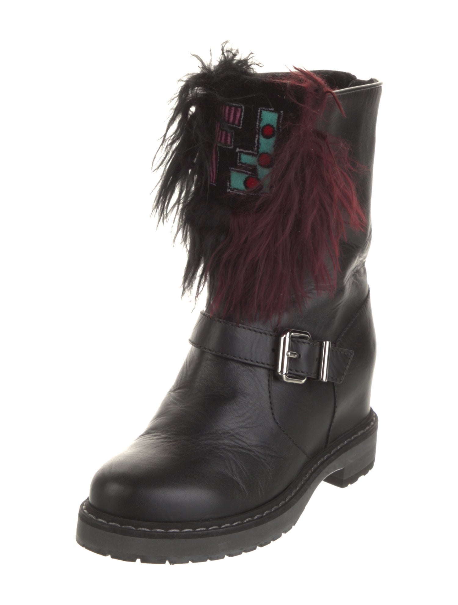 Fendi Leather Fur Trim Combat Boots