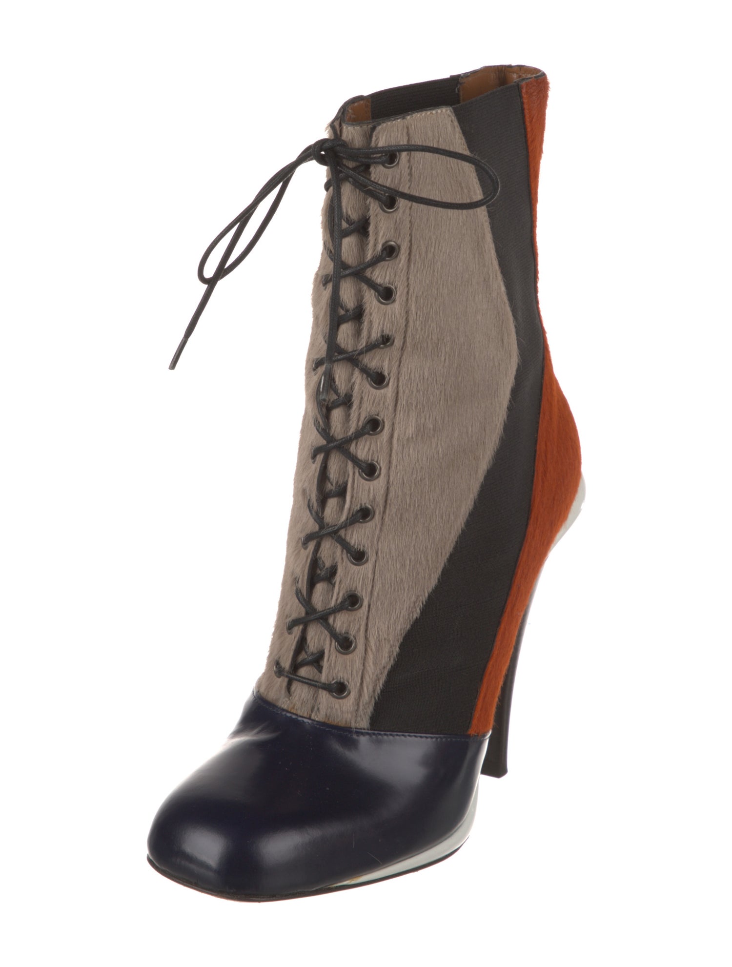 Fendi Ponyhair Colorblock Pattern Lace-Up Boots