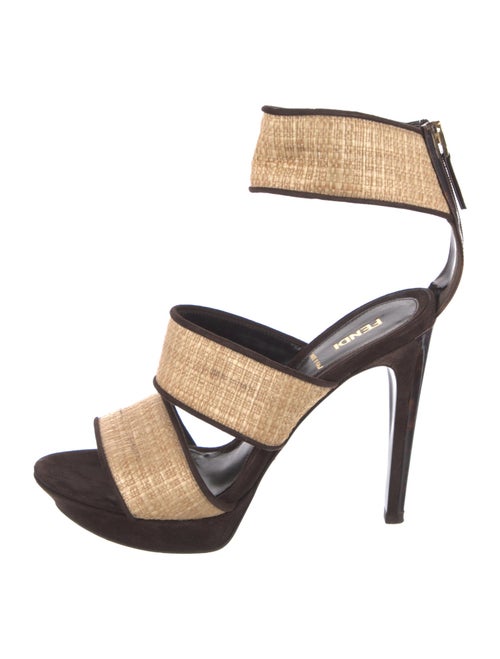 Fendi Straw Leather Trim Embellishment Sandals