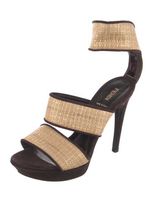 Fendi Straw Leather Trim Embellishment Sandals