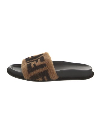 Fendi Zucca FF Logo Shearling Slides