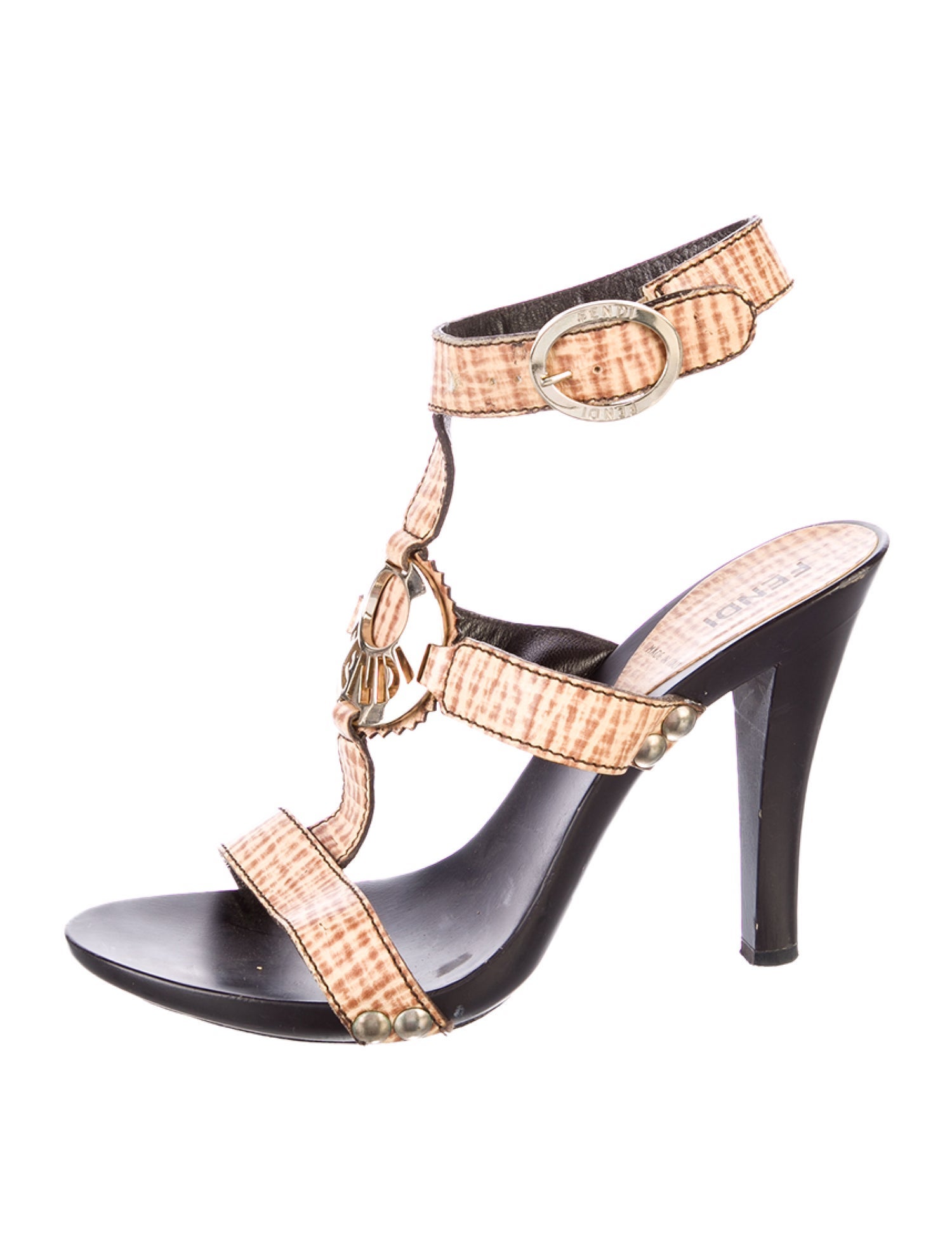 Fendi Leather Printed T-Strap Sandals