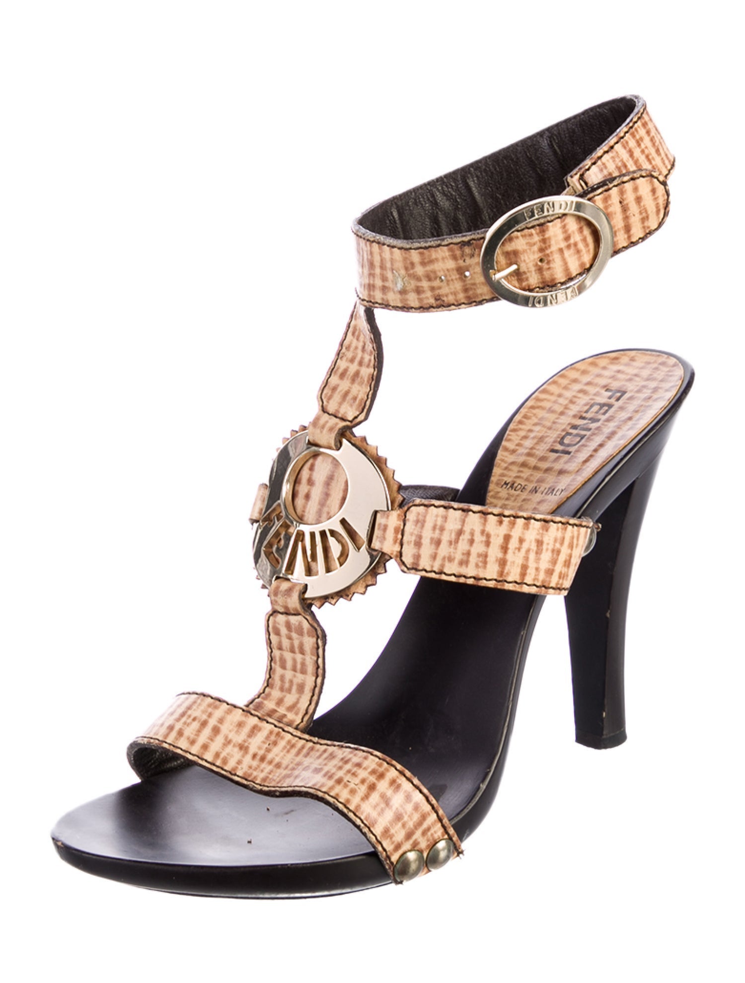 Fendi Leather Printed T-Strap Sandals